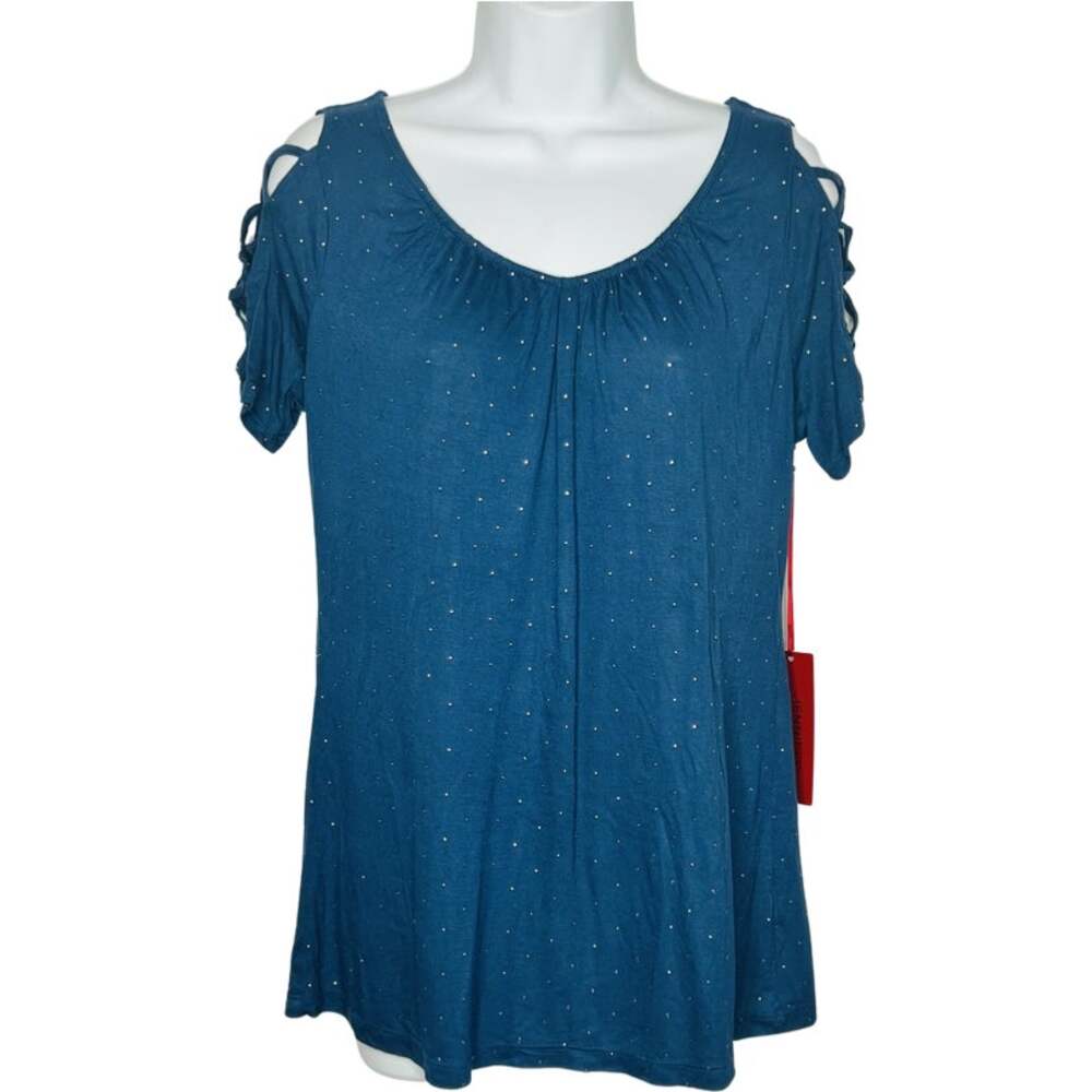 Jennifer Lopez Blue Studded Sexy Criss Cross Cut Out Short Sleeve Top S NEW Tags